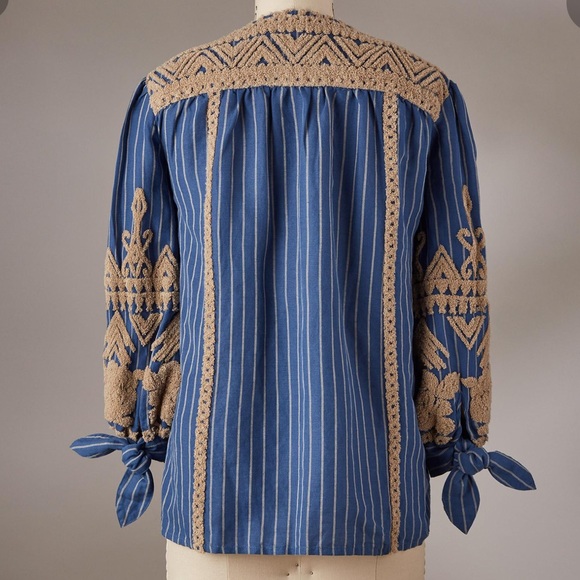 Sundance Inspired Artist Blue Striped Top Linen Women’s S - Picture 3 of 11